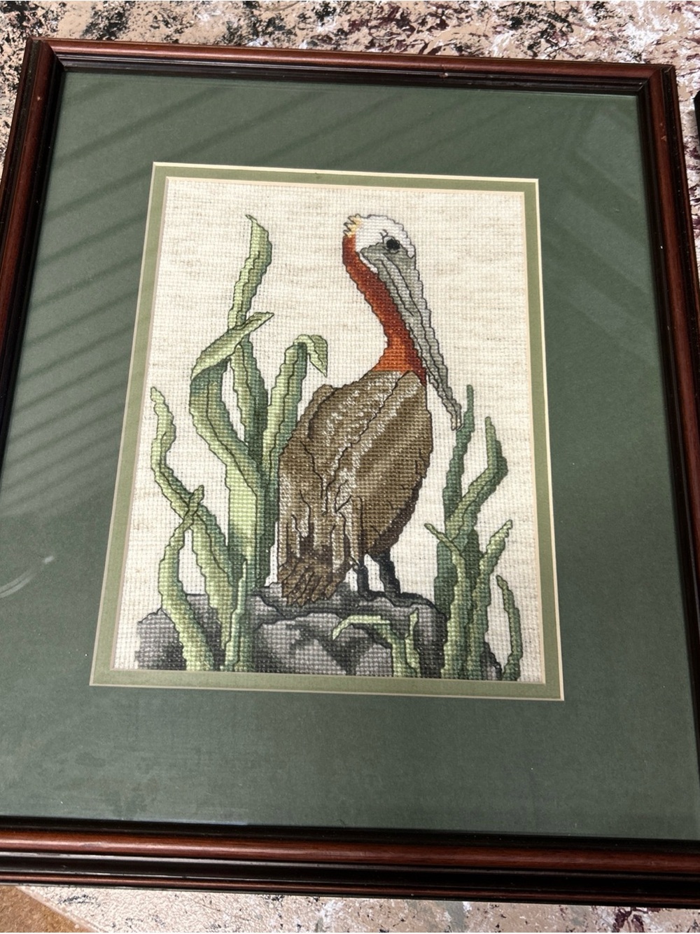 Framed Cross Stitch Pelican Artwork in Green Mat 2 piece set